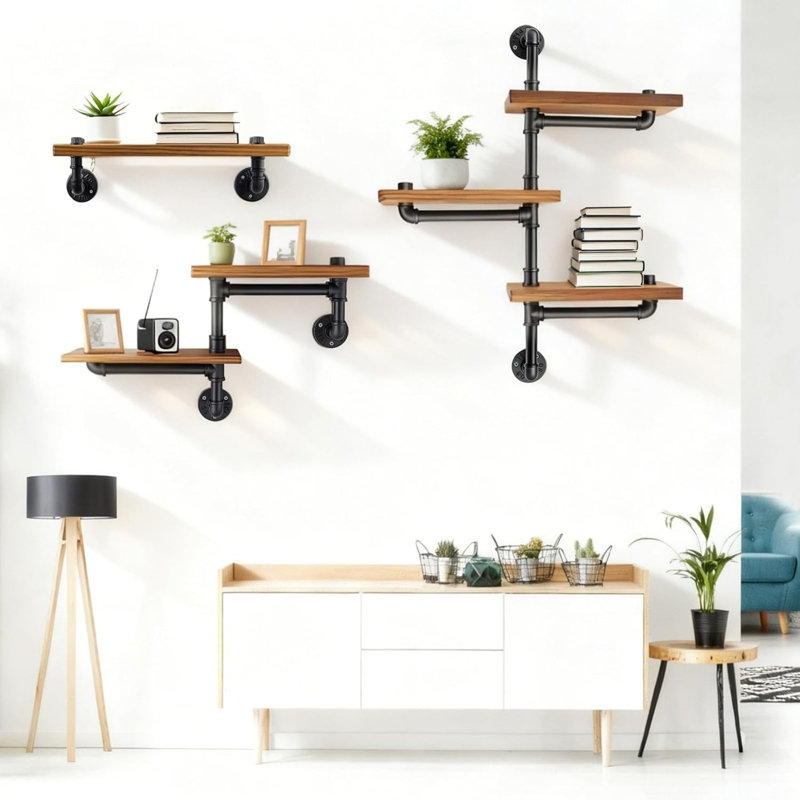 Industrial Pipe Shelf with Solid Wood Board, Rustic Wall Mounted Shelves for Kitchen