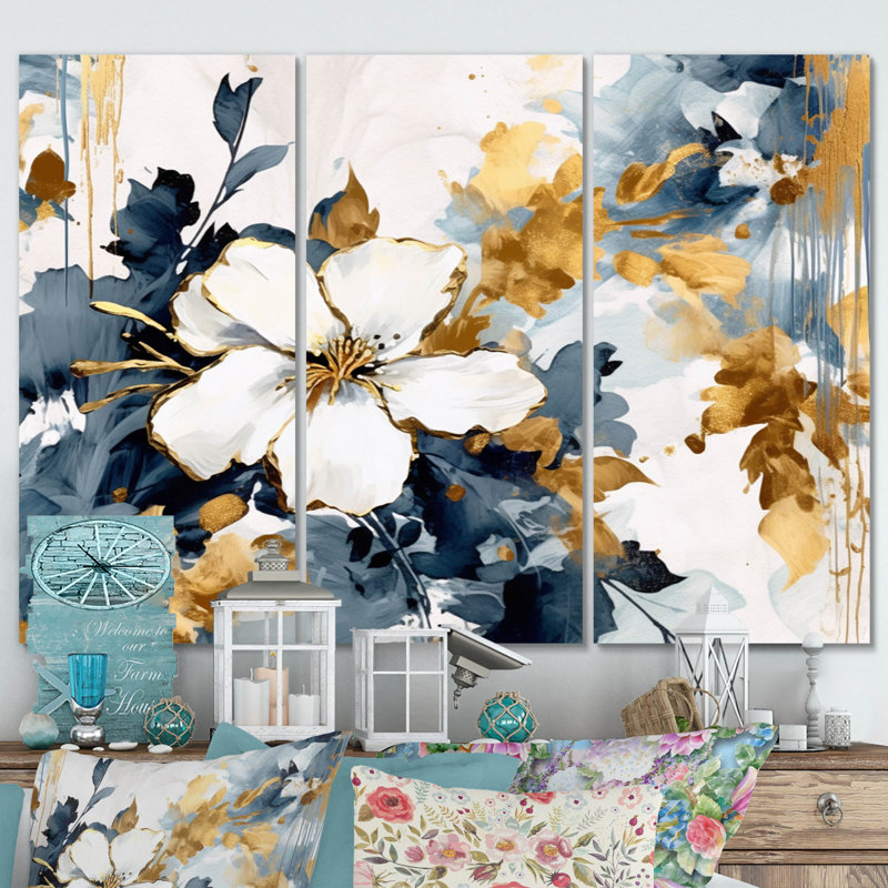 Hibiscus bleu et blanc, harmonie tropicale sur toile, 3 pièces, H 28 po x l 36 po x P 1 po