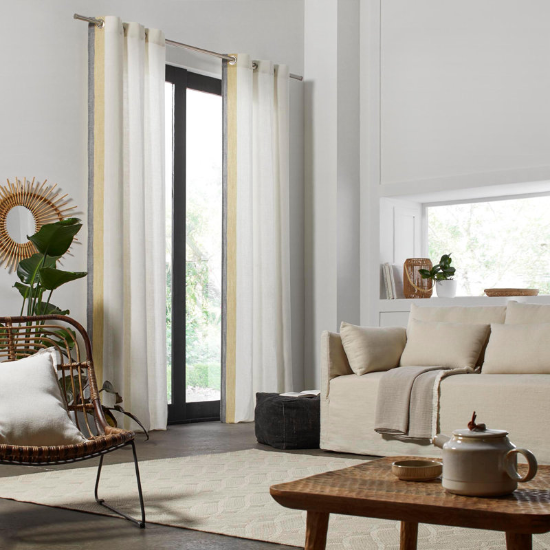 Elio Linen Semi Sheer Door Curtain Single Panel, White/Yellow