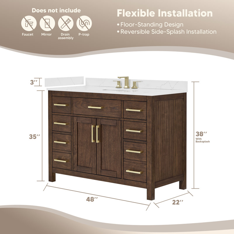 Beckett 48" Freestanding Single Bathroom Vanity with Quartz Top, Dark Walnut, Brushed Gold, Giotto Quartz