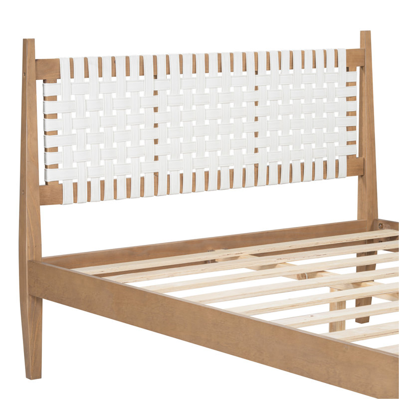Contemporary Queen Bed With Woven White Leather Headboard, Solid Pine Wood, Easy Installation Coastal Platform And Natural Good For Bedroom Decor