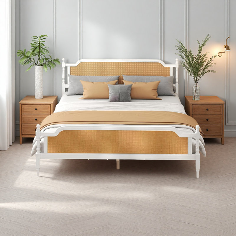 Base de lit plateforme avec tête et pied de lit en rotin naturel, style bohémien et mid-century, Lit double, Noyer/blanc