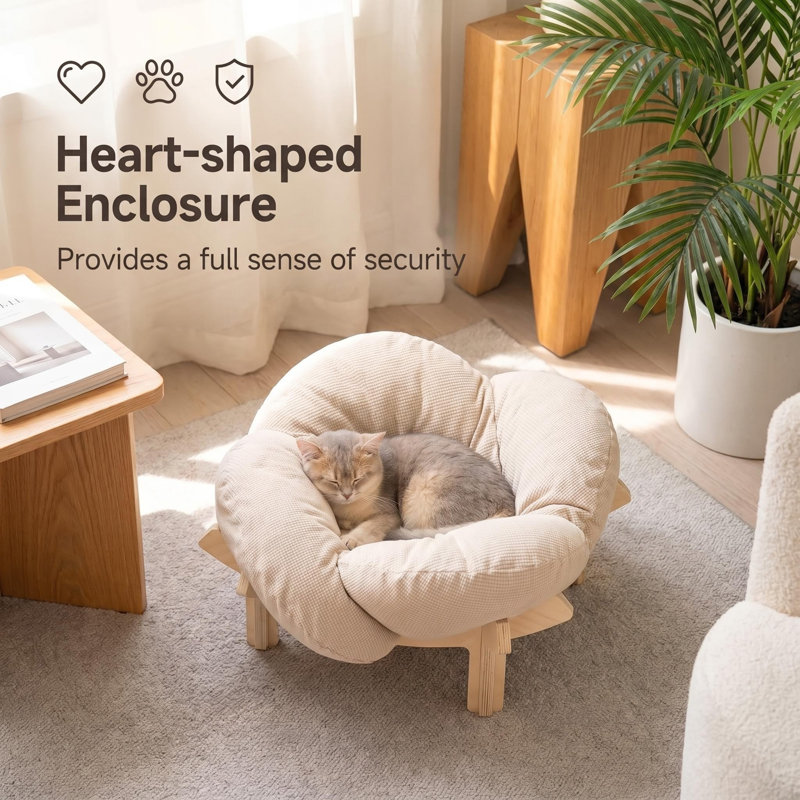 Lit pour chat surélevé en bois avec coussin en forme de cœur, 14,96 po x 5,91 po x 12,99 po, supportant les petits et moyens chats jusqu'à 20 lb, canapé-lit surélevé pour animal de compagnie, tapis en coton doux lavable pour chaton d'intérieur