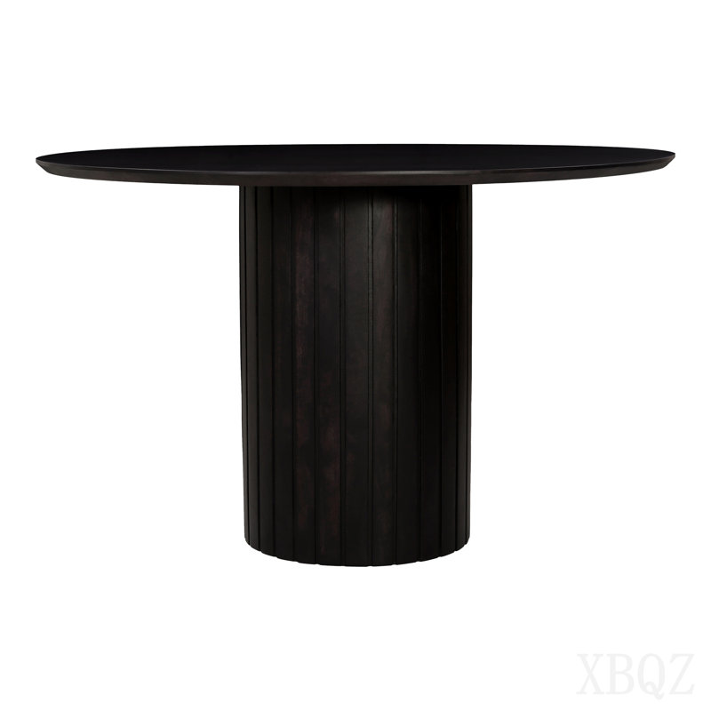 Table de salle à manger ronde, bois d'acacia massif, finition semi-lustrée noircie, sièges 4