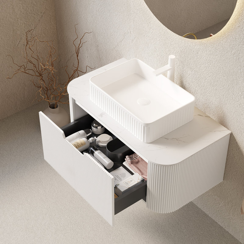 Meuble-lavabo de 36 po avec armoire incurvée flottante, lavabo rectangulaire en céramique blanche, pierre frittée, tiroir en contreplaqué à rayures 3D, pré-assemblé pour les tracas, comptoir en pierre et facile à installer