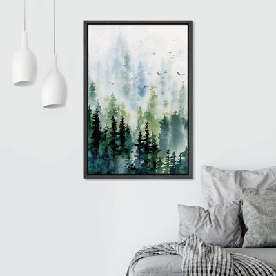 Woodland Forest Landscape Pine Tree Bird In Sky Nature Forest Modern Art Landscape Framed Canvas Print Wall Art