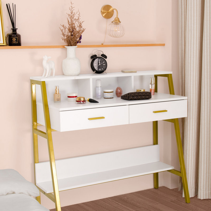 Coiffeuse à 2 tiroirs avec cadre en acier et miroir