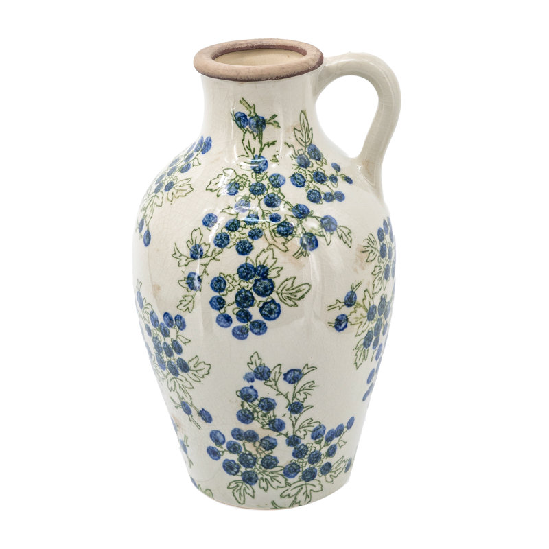 Vase en céramique 7,5 x 7,3 x 12 po avec motif de bleuets