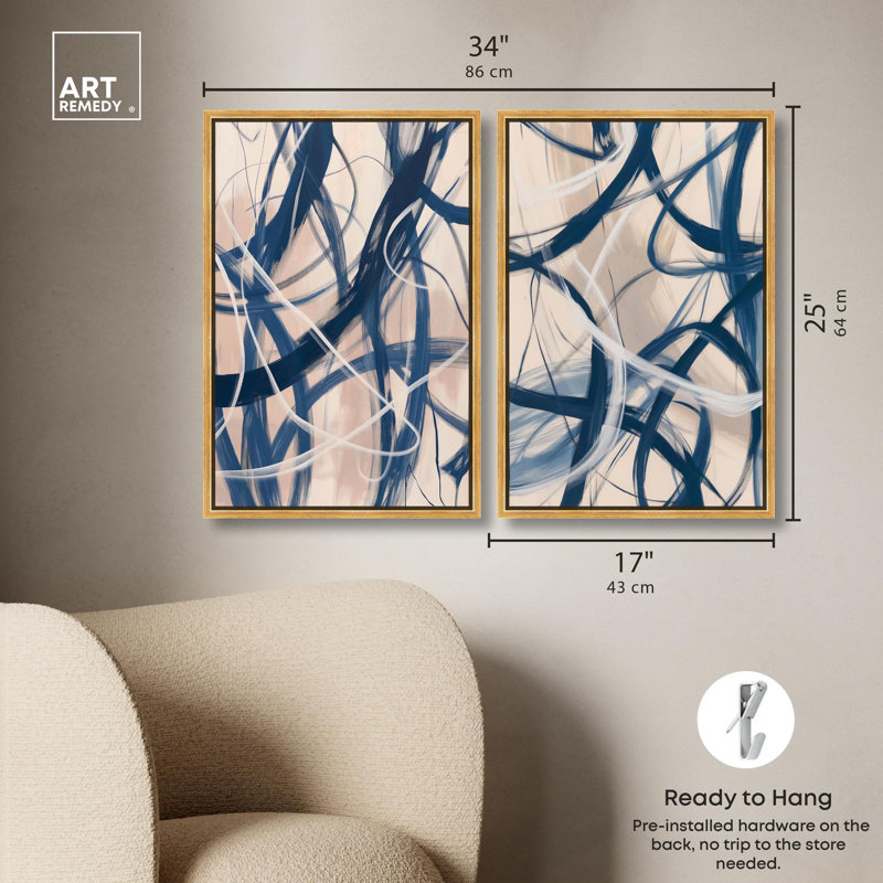 «Blue Lines», ensemble de 2 ensembles abstraits sur toile par Art Remedy, Cadre flottant doré, H 24 po x l 16 po