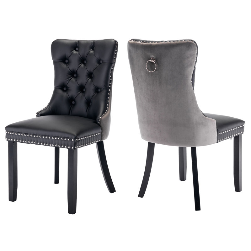 Kingson Modern Glam Tufted Two-Tone Dining Chair with Nailhead Trim & Back Pull Ring, Black/Grey, 2