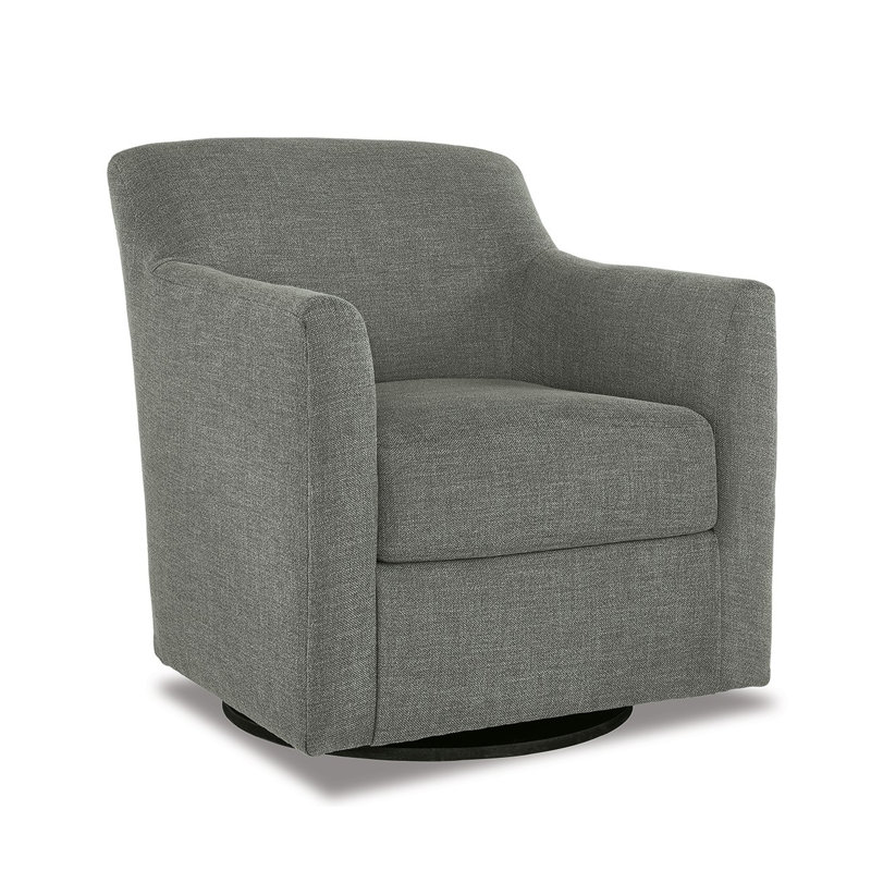Fauteuil d'appoint pivotant Leena, polyester gris, accoudoirs style abri, bois noir