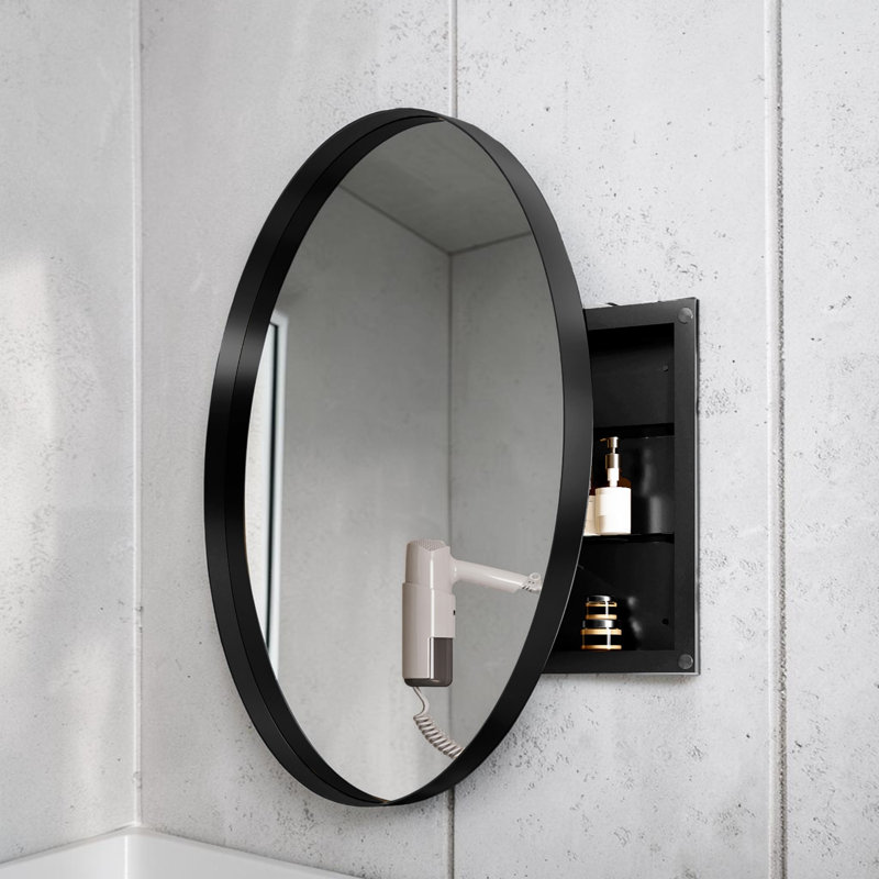 31.5" Surface Mount Round Metal Framed Medicine Cabinet with Mirror and Adjustable Shelves, Matte Black