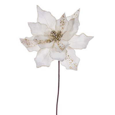 Vickerman 10" x 20" Baby Velvet Striped Poinsettia Stem. It includes three pieces per bag.