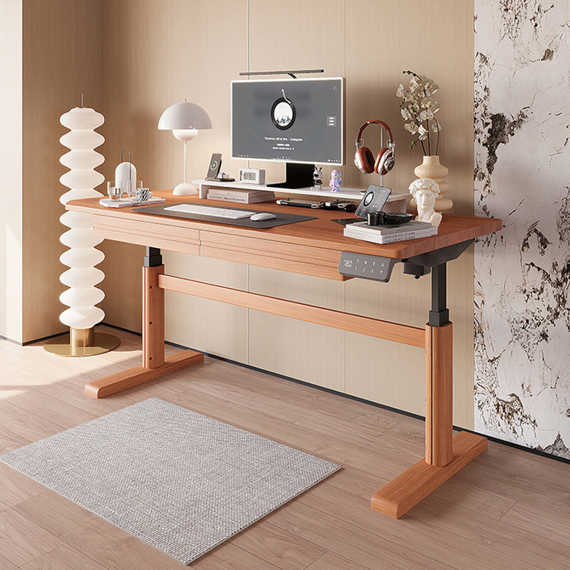 Cherry Wood Colour + Black Rectangular Hight adjustable Solid Wood + Carbon Steel with 2 drawers desk