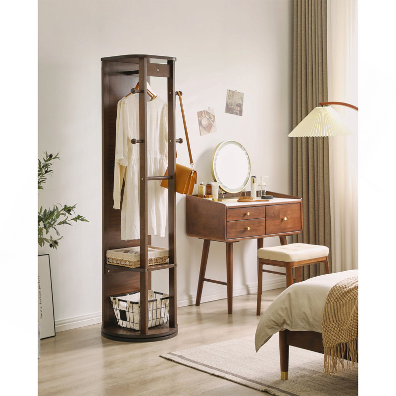 Armoire à miroir pleine grandeur en bois d'hévéa massif, armoire à bijoux autoportante avec crochets et tablettes multifonctionnels pour la chambre à coucher et le placard