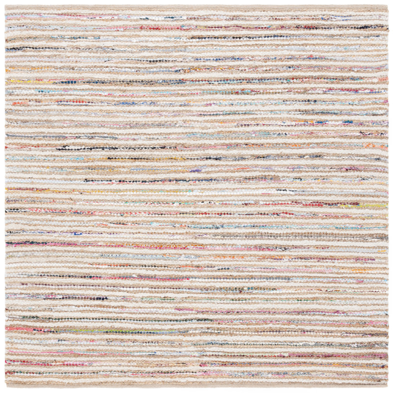Karletta Woven Jute/Canvas/Cotton Performance Striped Rug in Natural/Rust, Round 6'