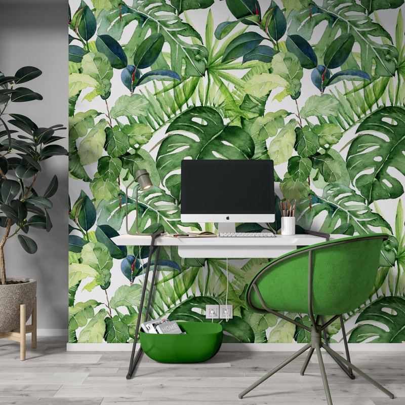 Papier peint floral feuilles vertes, L 75,96 po x l 114 po