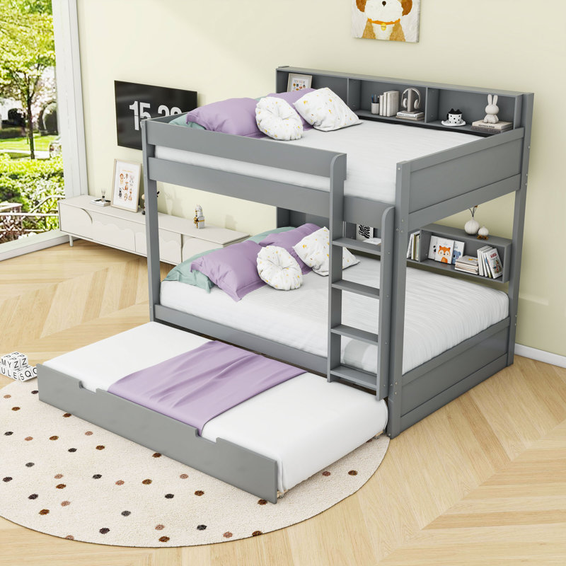 Lit superposé en bois avec lit gigogne, Gris, Lit double