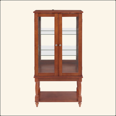 Vitrine lumineuse avec espace de rangement ouvert, pieds en bois massif et tablettes réglables, panneau arrière en miroir en acrylique, portes en verre trempé, 3 niveaux et un espace ouvert