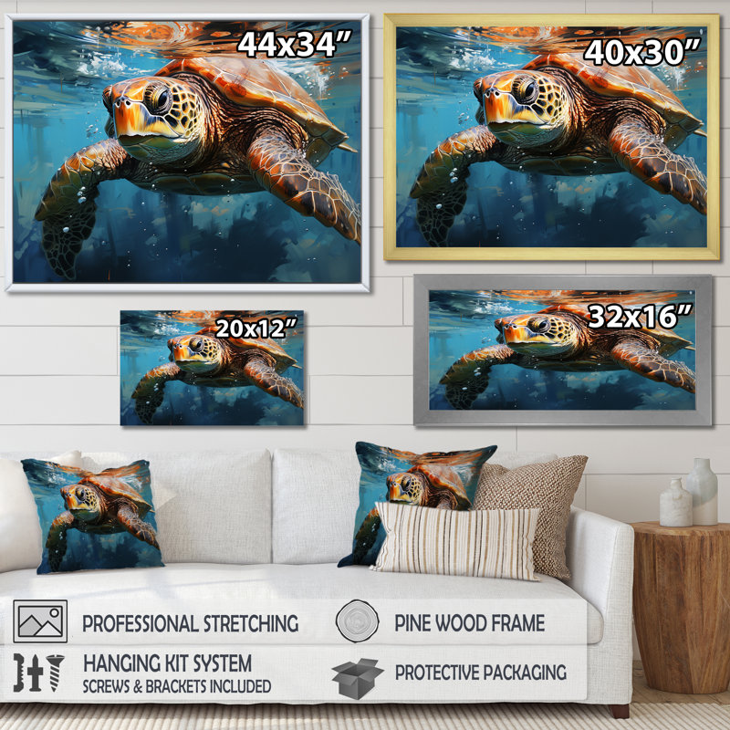 Azure Wanderer I - Tortue, art mural, salon, Toile tendue, H 24 po x l 32 po x P 1 po