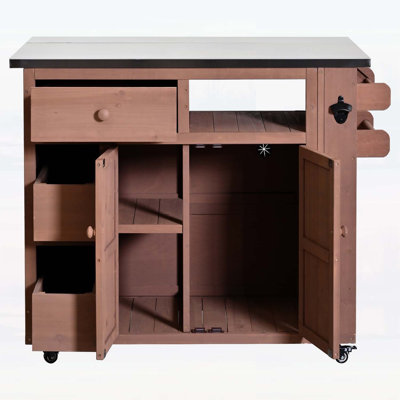 Wood Extendable Kitchen Island with Stainless Steel Top,Side Spice Rack and Storage for Backyard BBQ and Parties