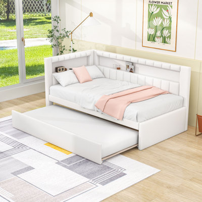  Lit de jour rembourré en lin Svojas avec ports USB, DEL, tablettes et lit gigogne simple Svojas