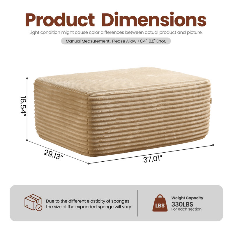 Vivelle 37'' Wide All-Foam Upholstered Ottoman No Assembly Needed, Beige Plush