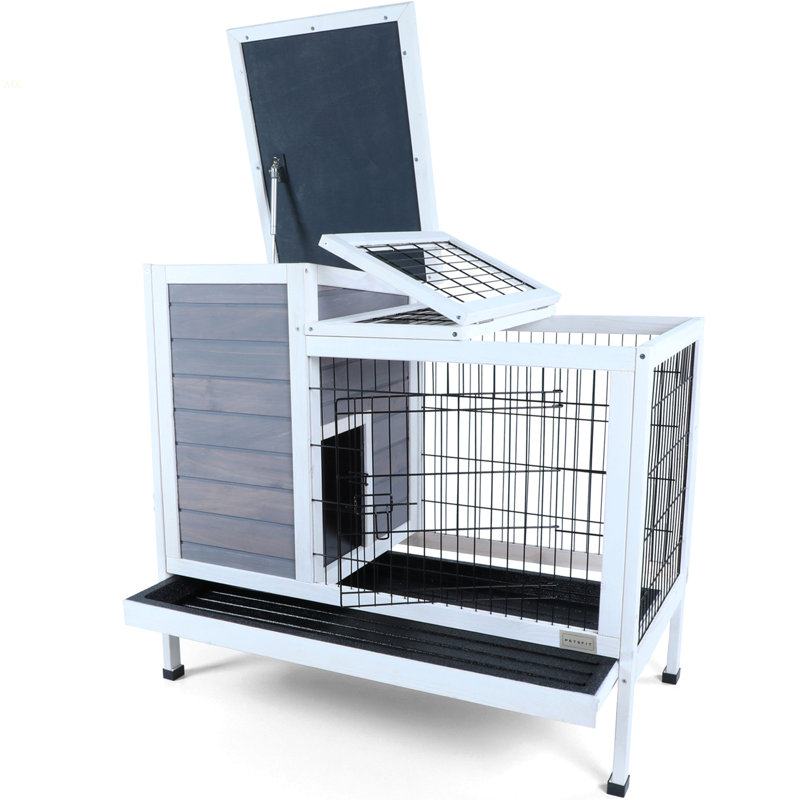 Cage à lapins en bois à deux niveaux pour l'intérieur pour petits animaux avec piste et plateau en plastique étanche, gris