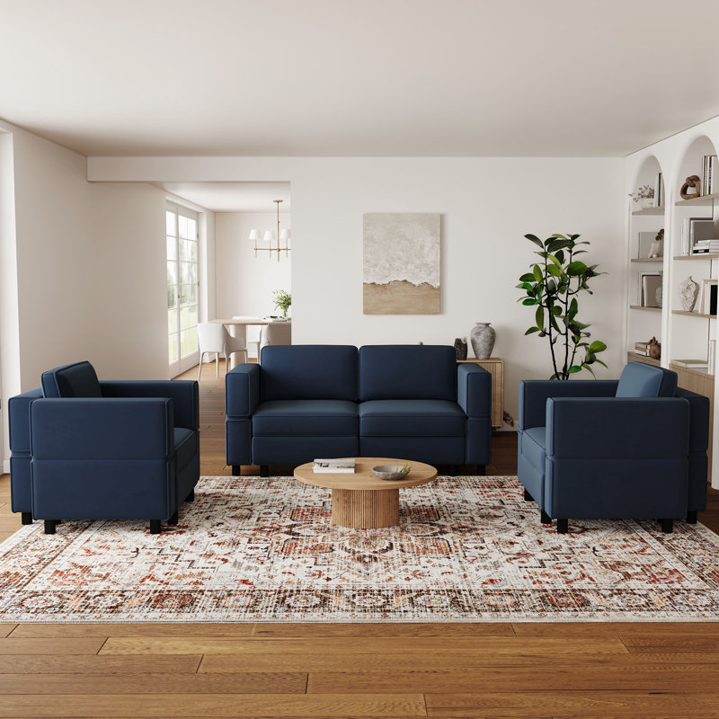 Ensemble de salon modulaire rembourré Elda, Velours bleu