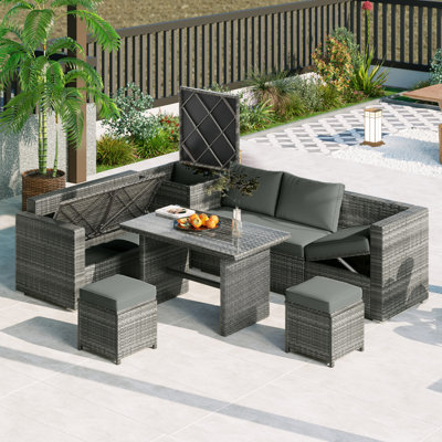 Ensemble de canapé modulaire d'extérieur 6 pièces avec boîte de rangement, dossier réglable, table de salle à manger et repose-pieds, beige