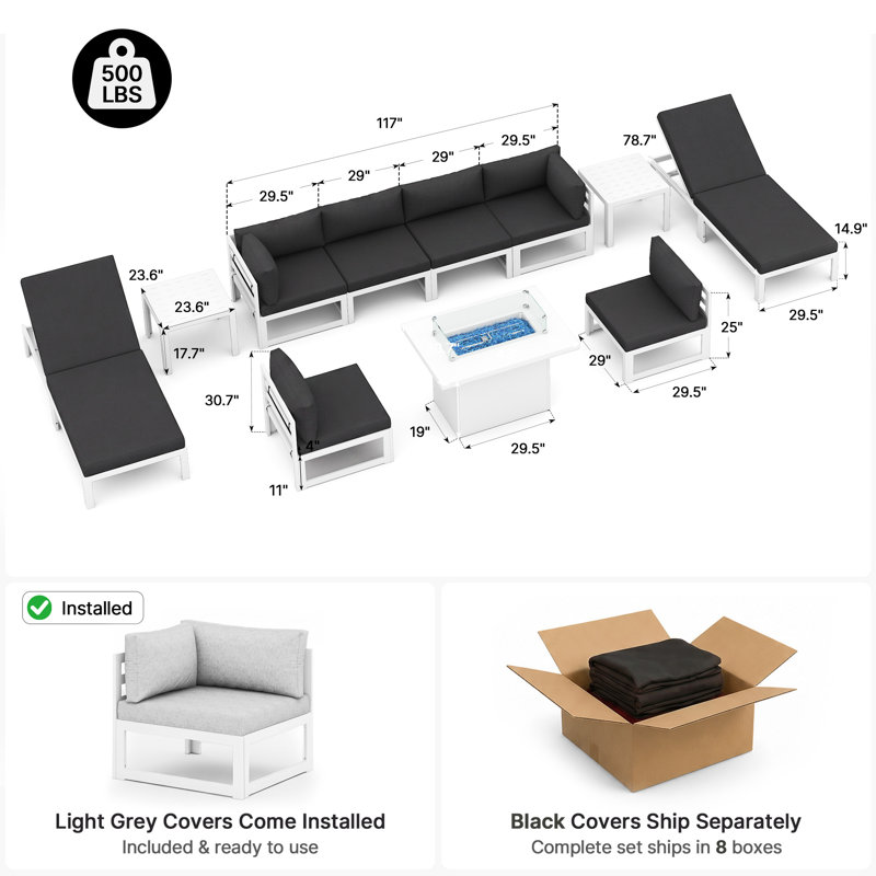 11 Pieces Modern Aluminum Patio Furniture Set With Fire Table, Outdoor Modular Sectional Conversation Set With Patio Chaise Lounges