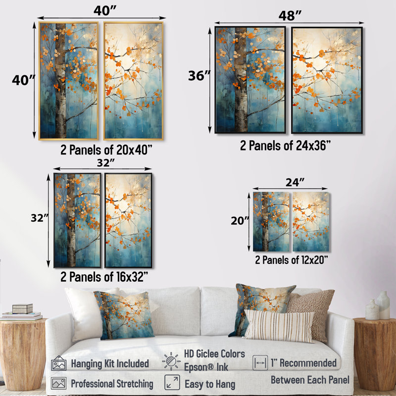 Érable orange sarcelle brillant, braises II - art mural érable floral, H 20 po x l 24 po, Brun