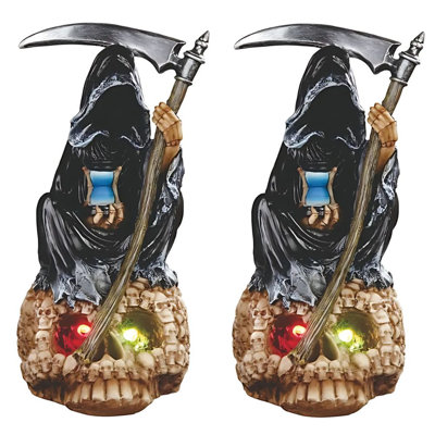 "2-PC Set" ICE ARMOR 9.5"H LED Santa Muerte on Skull Figurine Statue Sculpture Ornament Decoration Home/Room Decor and Perfect Gift Ideas for Housewarming, Holidays and Birthdays Great Collectible Addition