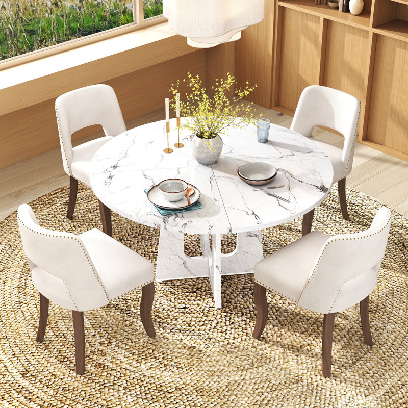 Ensemble de table ronde 47 po avec chaises 4/6 rembourrées, finition chêne / noyer / marbre pour la cuisine de la salle à manger
