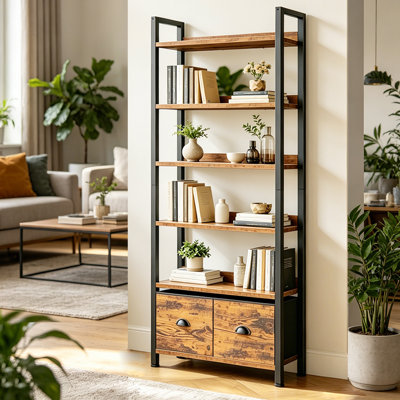 6-Tier Bookshelf Set Of 2,Tall Bookcase With 2 Drawers For Bedroom Living Room Home Office