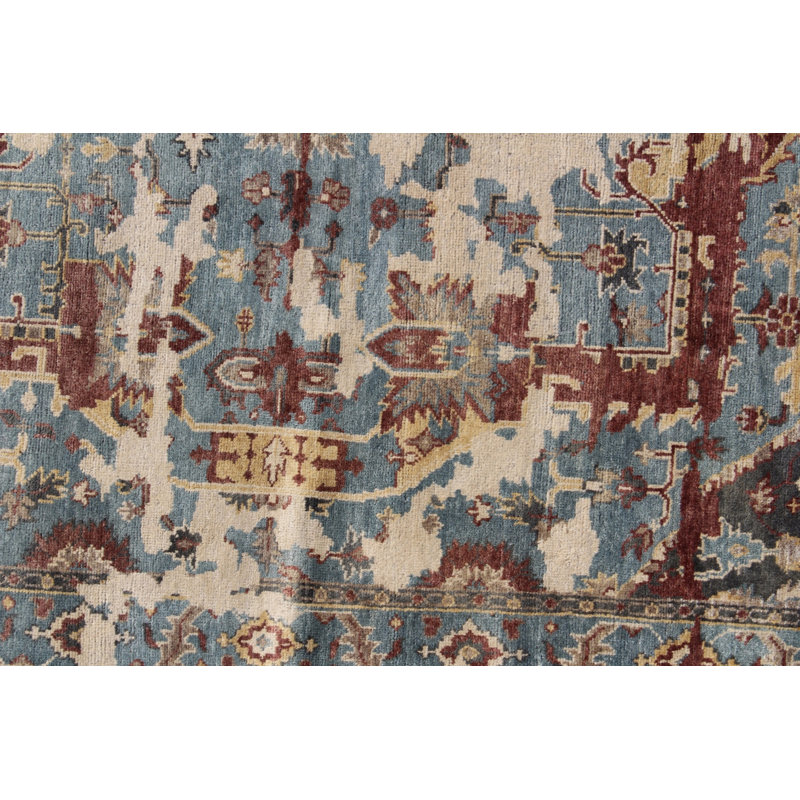 Tapis bleu en laine noué à la main vieilli - Tapis oriental à médaillon d'inspiration rétro pour le salon et la chambre à coucher