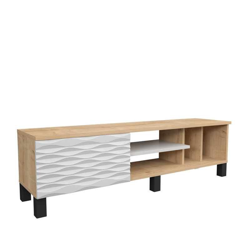 Meuble télé moderne 55,1 po x 13,8 po x 15,9 po | 100% panneau de particules enduit de mélamine, épaisseur: 0,7 pouce | Conception géométrique élégante, parfaite pour les salons contemporains et les espaces de divertissement