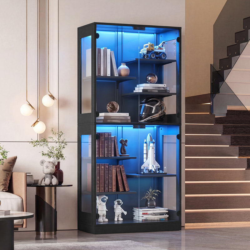 Vitrine 65 po avec porte vitrée, vitrine avec lumière DEL RVB et tablette réglable, Noir