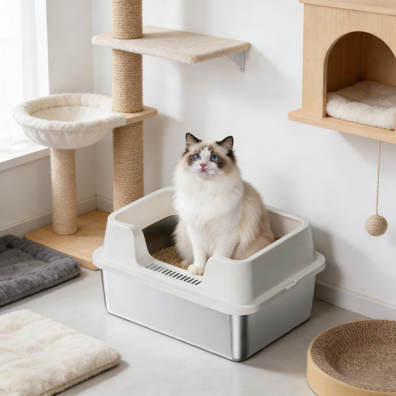 Bac à litière en acier inoxydable avec couvercle pour chats, fond antiadhésif anti-urine haut de gamme avec pelle, Blanc