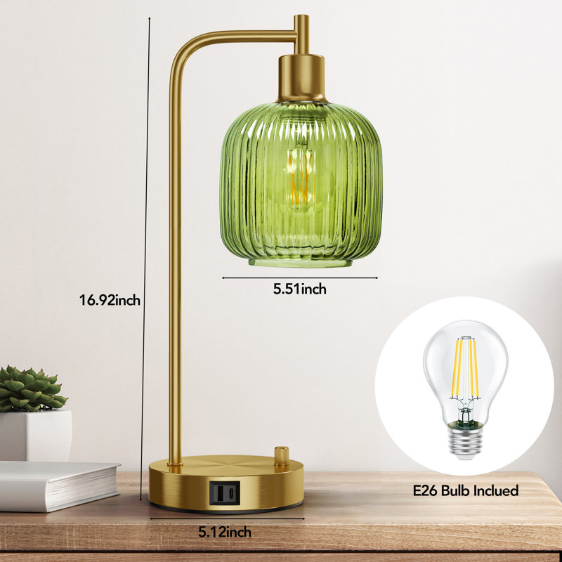 Green Glass Table Lamps With Usb A&C Ports Set Of 2 For Bedroom, Gold, Green