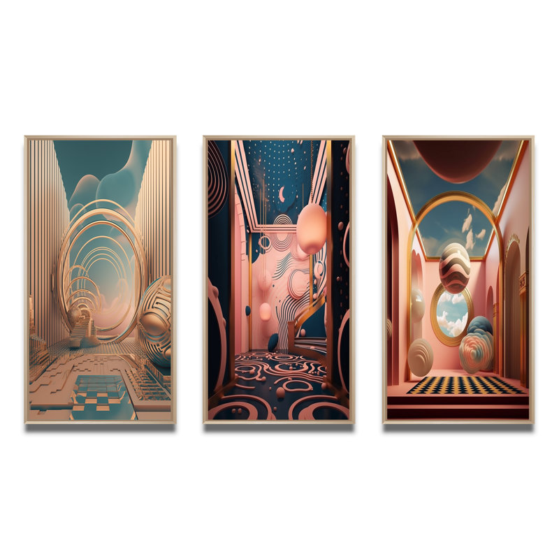 «Futur Folklore Minimal Retro Architecture I», 3 pièces sur toile, H 20 po x l 36 po, Cadre naturel flottant