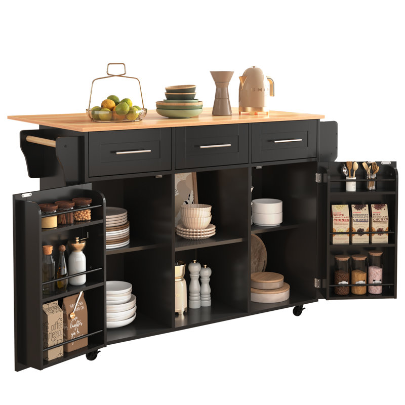 139 cm W Kitchen Island with, MDF, Black/Natural/Silver