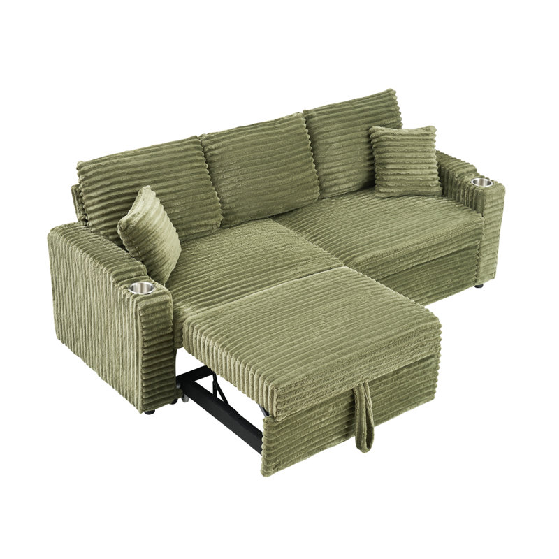 80-Inch Two-In-One Folding Corduroy Sofa Bed - Stylish Lounge With Cup Holder, Pillow For Living Room, Green