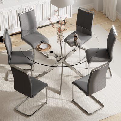 7-Piece Dining Table Set, 47-Inch Tempered Glass Round Table and 6 Upholstered Dining Chairs.