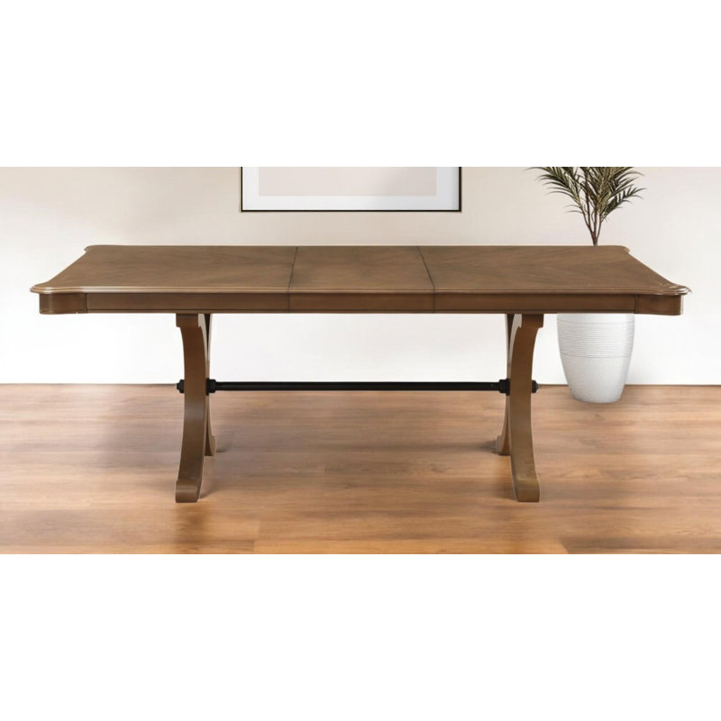  64" Brown Solid Wood Removable Leaf Trestle Base Dining Table
