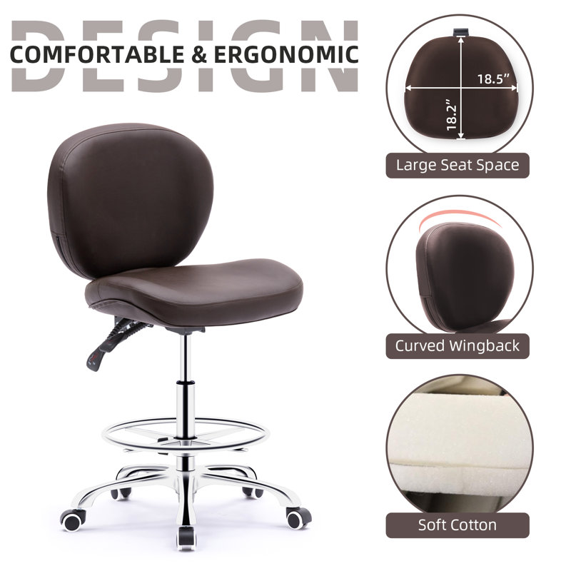 Jorinda Backed Adjustable Height Ergonomic Lab Stool with Footring Wheels, Brown