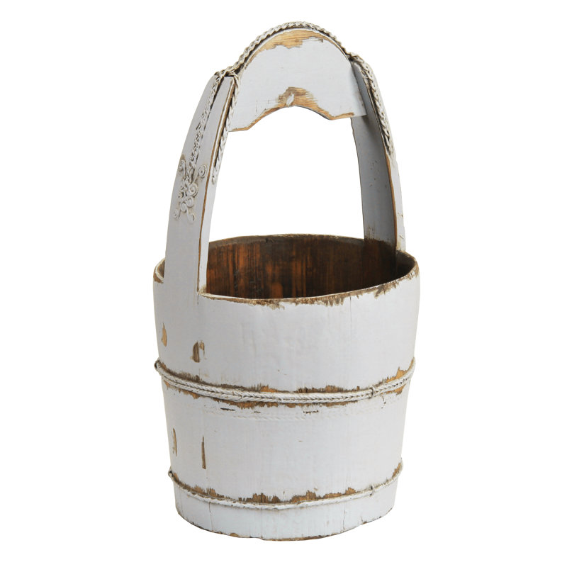 Vintage seau rond avec manche en bois, blanc