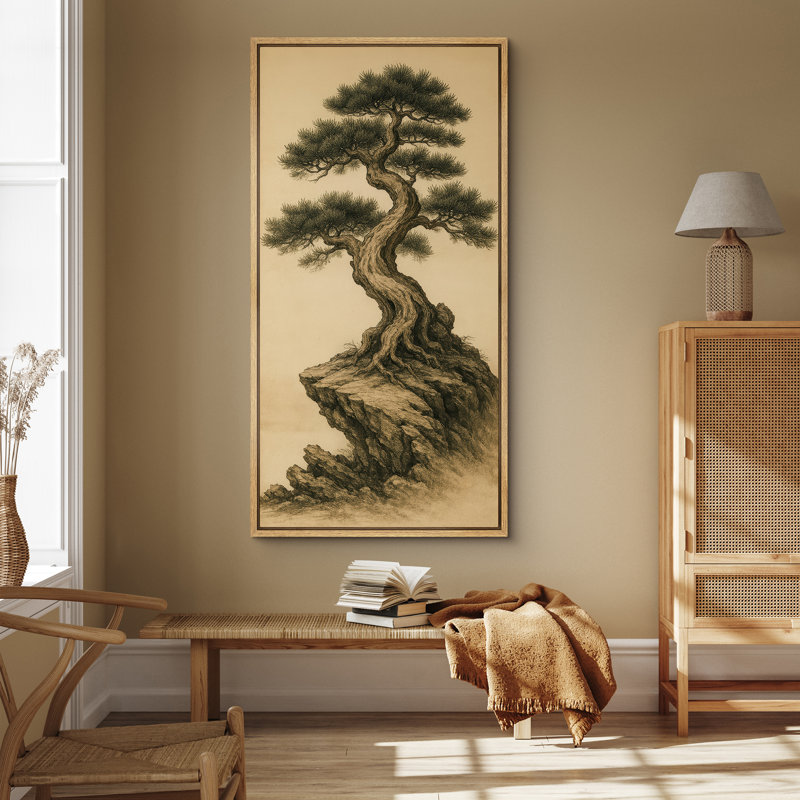Ancien pin sur une falaise rocheuse - reproduction d'art sur toile encadrée, H 60 po x l 30 po x P 1,5 po, Naturel