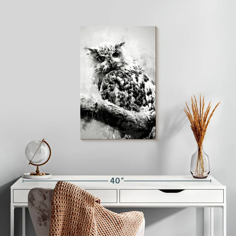 Brampt Owl Looking Black And White, 24" H x 16" W