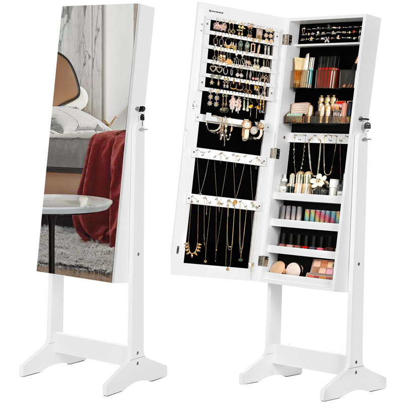 Armoire à bijoux autoportante avec miroir, Blanc